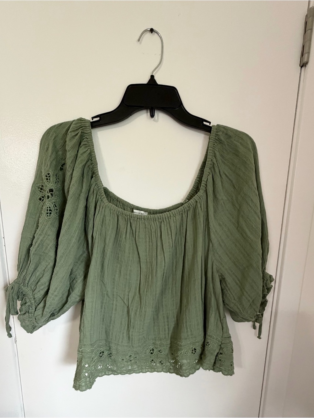 American Eagle Outfitters Olive Green Peasant Top with Eyelet Hem
